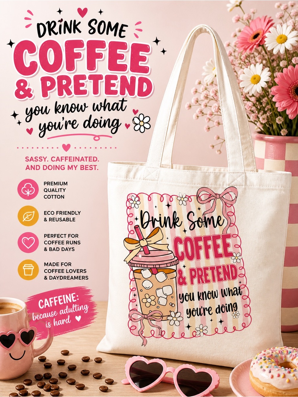 Handmade Canvas Tote Bag with Drink Coffee and Pretend Graphic - White